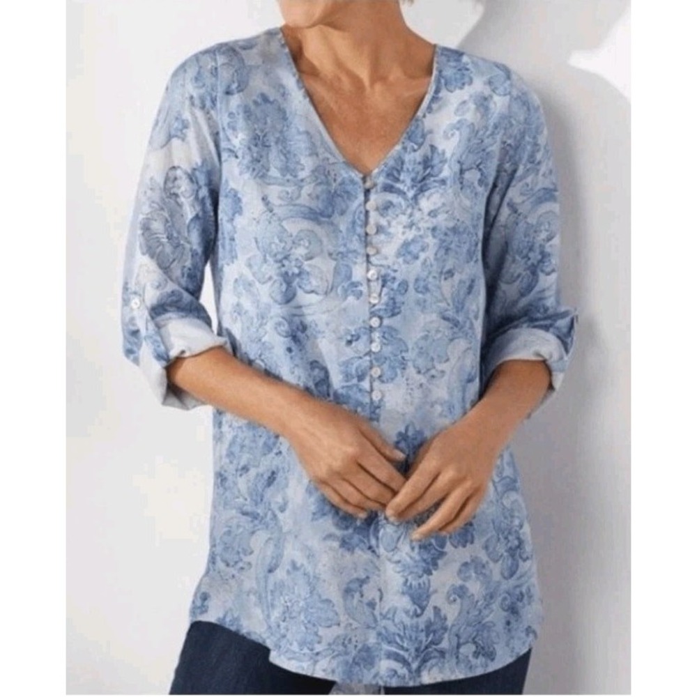 Soft Surroundings Women's Tencel‎ Roll Tab Sleeve Blouse V-Neck Blue Size S